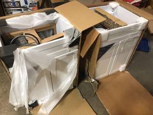 lot 37 image: Lot of 2 Glacier Bay All-in-One Stainless Steel 24 in Laundry Sink with Faucet and Storage Cabinet in White Customer Returns See Pictures