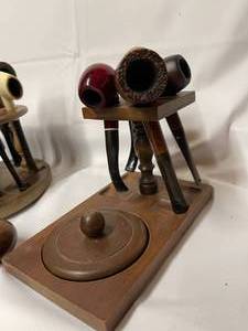 lot 108 image: Vintage Smoking Pipes And Pipe Holders With Tobacco Canister
