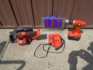 lot 107 image: Assortment of 24 volt Black & Deckere tolls with battery & charger. Battery is weak. As shown.