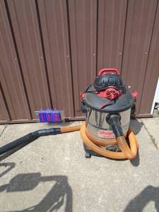 lot 114 image: Shop vac stainless wetdry vac with hose & wand. As shown.