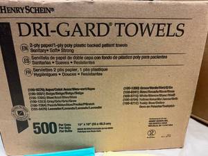 lot 8 image: 1 Open Case NEW HenrySchein Dri-Gard Poly Plastic Backed Patient Towels and 1 Open Case NEW Kimberly-Clark Kleenex C-Fold Towels