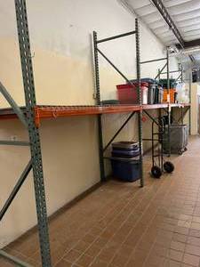 lot 1 image: MSRP $3000 Heavy Duty Pallet Racking - 4 Shelves With Removable Wire Mesh Decks & Solid Board Planks 8 x 3 Each - 5 Uprights 10 x 3 - Great Condition