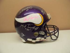 lot 1 image: MINNESOTA VIKINGS Riddell VSR-4 FULL SIZE AUTHENTIC HELMET WITH 9 VIKINGS AUTOGRAPHS - 4 HALL OF FAMERS - ABSOLUTELY FANTASTIC PIECE - SEE PICTURES
