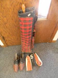 lot 18 image: VINTAGE 1960s RED PLAID GOLF BAG WITH STRAP - GOLF SHOES, CLUB COVERS - GREAT OLD SCHOOL PIECES - SEE PICTURES