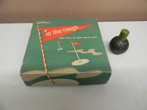 lot 19 image: VINTAGE IN THE ROUGH GOLF BALLS OF PURE CASTILE SOAP, WITH BOX & VINTAGE GOLF BALL LIGHTER - AWESOME SET - SEE PICTURES