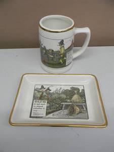 lot 23 image: VINTAGE 1962 DELANO STUDIOS CERAMIC PERRIER GOLD RIMMED MUG & TRAY RULES OF GOLFING - AWESOME MAN CAVE PIECES - SEE PICTURES