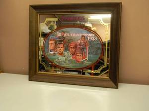 lot 58 image: VINTAGE - ORIGINAL - Seagrams SEVEN CROWNS OF SPORTS COLLECTION 1st NFL CHAMPIONSHIP 1933 - Framed Bar Sign - AWESOME PIECE - APPROX 21 By 18 - SEE PICTURES