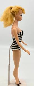 lot 34 image: Vintage 1961 #5 PONYTAIL Barbie Blonde Blue Eyes Red Lips Original Swimsuit Reproduction Shoes