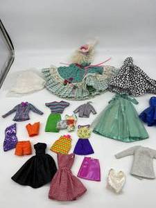 lot 149 image: Vintage 80s BARBIE Clothing Lot Fancy Evening Dresses, Fit-n-flare Classic Dresses, Skirts, & Tops
