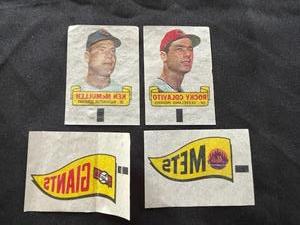 lot 26 image: 1966 Topps Rub Offs - Rocky Colavito and Ken McMullen, New York Mets Pennant, Giants Pennant
