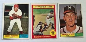 lot 33 image: 1961 Topps #308 Bobby Richardson  #200 Warren Spahn  #20 Robin Roberts