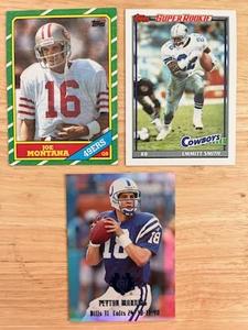 lot 46 image: Vintage Football Card Lot - 1986 Topps Joe Montana  1991 Topps Emmitt Smith RC  2000 Collectors EDGE Peyton Manning PM6 (2550)