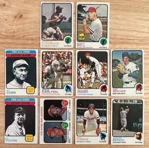 lot 48 image: 1973 Topps Baseball Card Lot of 10 Cards - Roberto Clemente, Rod Carew, Johnny Bench, Tom Seaver, Gaylor Perry, Steve Carlton, Ty Cobb, Cy Young, and Buddy Bell RC