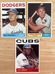 lot 47 image: Vintage Baseball Card Lot - 1961 Topps Brooks Robinson  1964 Topps Lou Brock  1964 Topps Don Drysdale