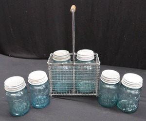 lot 61 image: 6 BALL PERFECT MASON BLUE JARS WITH ZINC LIDS