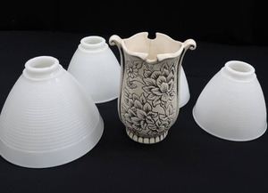 lot 67 image: VINTAGE MILK GLASS LAMP SHADES AND REDWING POTTERY VASE