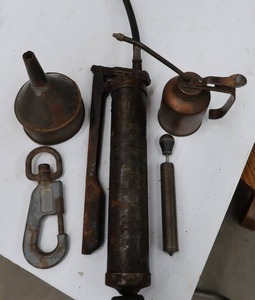 lot 96 image: VINTAGE TOOLS FOR OILING AND FILLING UP WITH AIR