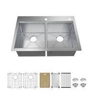 lot 18 image: Glacier Bay Zero Radius 16G SS 33in. 2-Hole Double Bowl Workstation Kitchen Sink