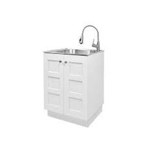 lot 30 image: All-in-One 24.2 in. x 21.3 in. x 33.8 in. Stainless Steel Laundry Sink and White Cabinet with Reversible Doors