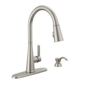 lot 71 image: Delta Faucet  Single Handle Pull-Down Kitchen Faucet with Soap Dispenser and ShieldSpray Technology
