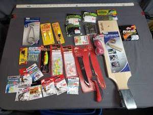 lot 34 image: Lot of New Fishing Tackle - Fillet Knife, Fillet Board, Hooks, Lures, FireLine and More