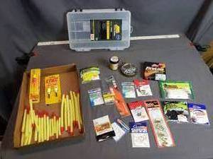 lot 45 image: Lot of New Fishing Tackle - Plano Organizer, Hooks, Bobbers, Crappie Bait, FireLine and More