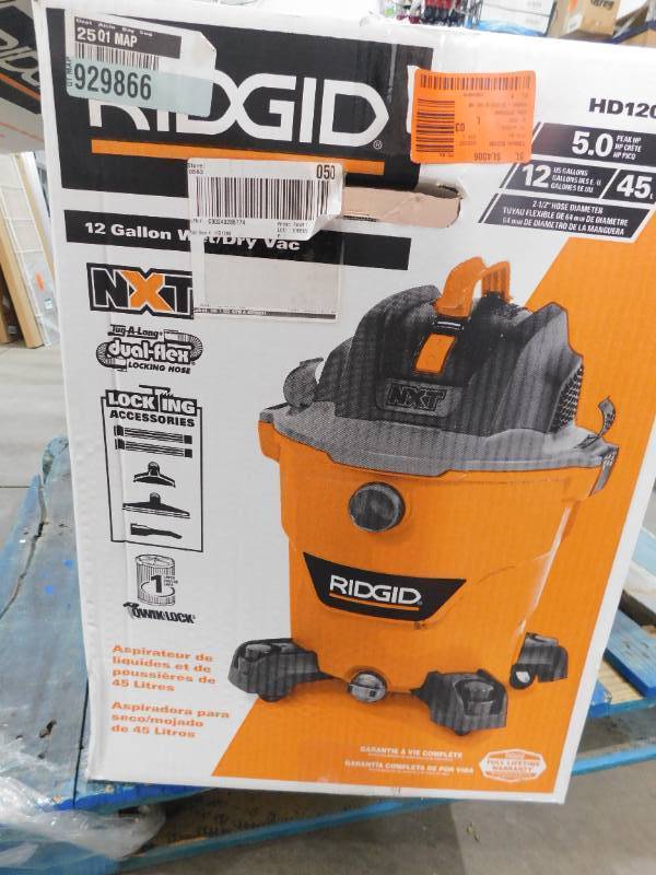 lot 36 image: RIDGID 12 Gallon 5.0 Peak HP NXT WetDry Shop Vacuum with Filter, Locking Hose and Accessories