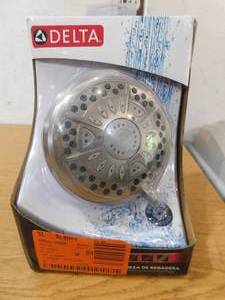 lot 62 image: Delta 6-Spray Patterns 1.75 GPM 4.38 in. Wall Mount Fixed Shower Head in Spotshield Brushed Nickel