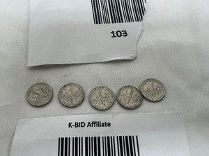 lot 103 image: LOT OF 5     1963 SILVER ROOSEVELT DIMES       90% SILVER