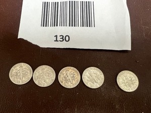 lot 130 image: LOT OF 5 SILVER ROOSEVELT DIMES FROM THE 1950S