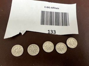 lot 133 image: LOT OF 5 SILVER ROOSEVELT DIMES FROM THE 1950S    90% SILVER