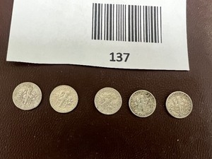 lot 137 image: LOT OF 5 SILVER ROOSEVELT DIMES FROM THE 1950S    90% SILVER
