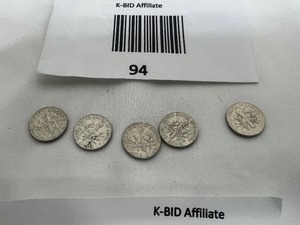 lot 94 image: LOT OF 5  1963 SILVER ROOSEVELT DIMES     90% SILVER