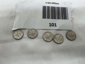 lot 101 image: LOT OF 5   1963 SILVER ROOSEVELT DIMES      90% SILVER