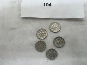 lot 104 image: LOT OF 5     1960 SILVER ROOSEVELT DIMES       90% SILVER