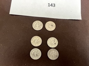 lot 143 image: LOT OF 6 SILVER ROOSEVELT DIMES FROM THE 1940S & 1950S   90% SILVER