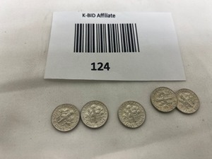 lot 124 image: LOT OF 5   1964D SILVER ROOSEVELT DIMES       90% SILVER