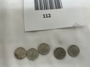lot 112 image: LOT OF 5   1964D SILVER ROOSEVELT DIMES       90% SILVER