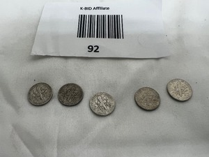 lot 92 image: LOT OF 5  1960 SILVER ROOSEVELT DIMES     90% SILVER