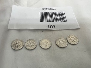 lot 107 image: LOT OF 5   1964D SILVER ROOSEVELT DIMES       90% SILVER