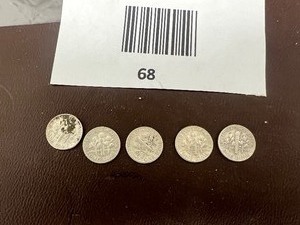 lot 68 image: LOT OF 5 SILVER ROOSEVELT DIMES FROM THE 1960S    90% SILVER