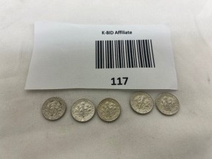 lot 117 image: LOT OF 5   1964D SILVER ROOSEVELT DIMES       90% SILVER