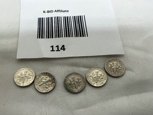 lot 114 image: LOT OF 5   1964D SILVER ROOSEVELT DIMES       90% SILVER