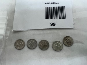lot 99 image: LOT OF 5   1961 SILVER ROOSEVELT DIMES      90% SILVER