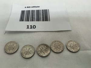 lot 110 image: LOT OF 5   1964D SILVER ROOSEVELT DIMES       90% SILVER