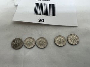 lot 90 image: LOT OF 5 1960 SILVER ROOSEVELT DIMES    90% SILVER