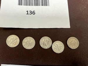 lot 136 image: LOT OF 5 SILVER ROOSEVELT DIMES FROM THE 1950S    90% SILVER