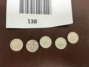 lot 138 image: LOT OF 5 SILVER ROOSEVELT DIMES FROM THE 1950S    90% SILVER