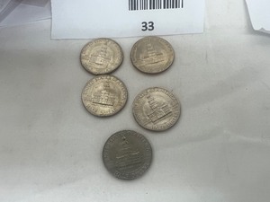 lot 33 image: LOT OF 5 KENNEDY HALF DOLLARS