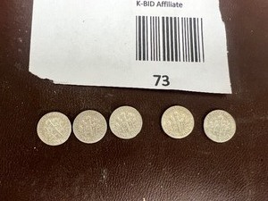 lot 73 image: LOT OF 5 SILVER ROOSEVELT DIMES FROM THE 1960S    90% SILVER